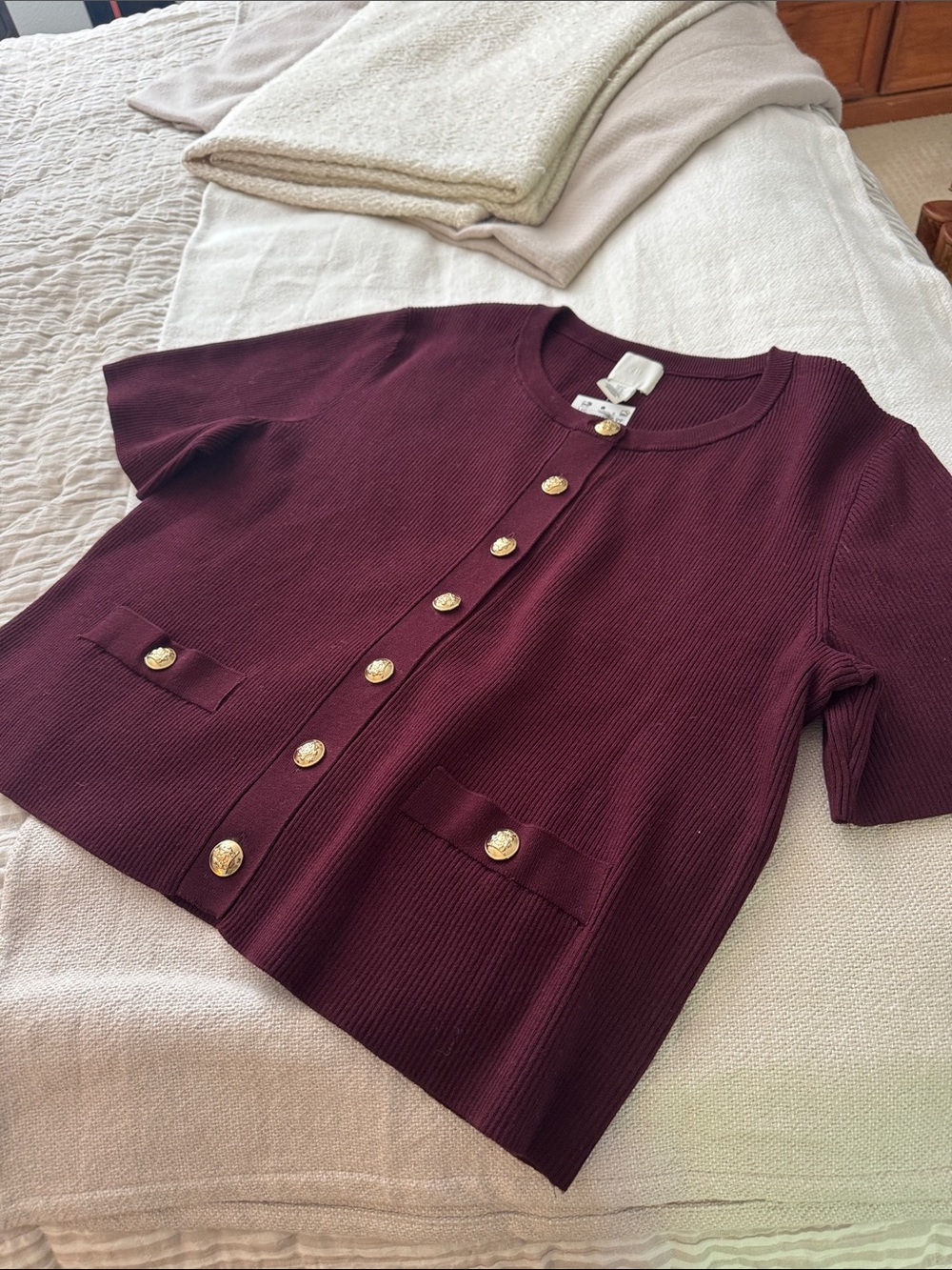 H&M Burgundy Short-Sleeve Button-Down Cardigan with Gold Buttons